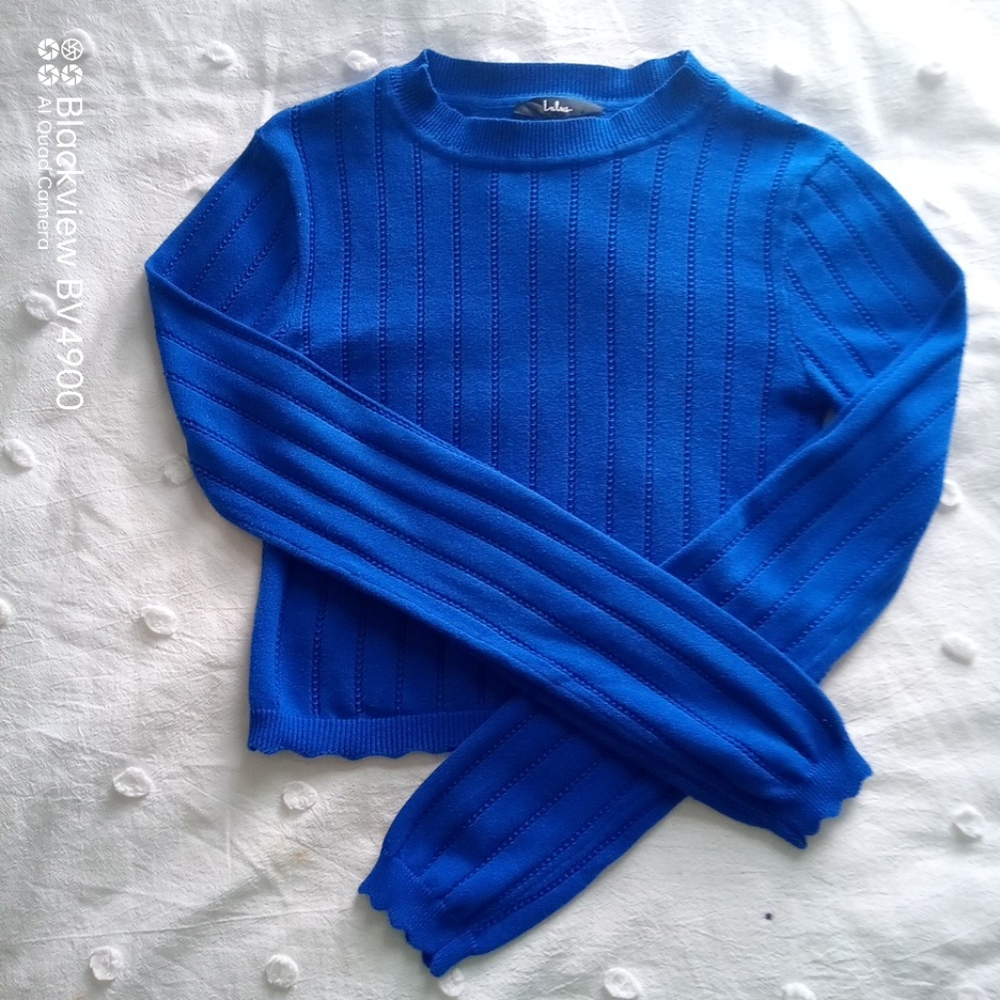 Lulus Charming Cobalt Blue Pointelle Knit Cropped Top xs - Picture 2 of 4